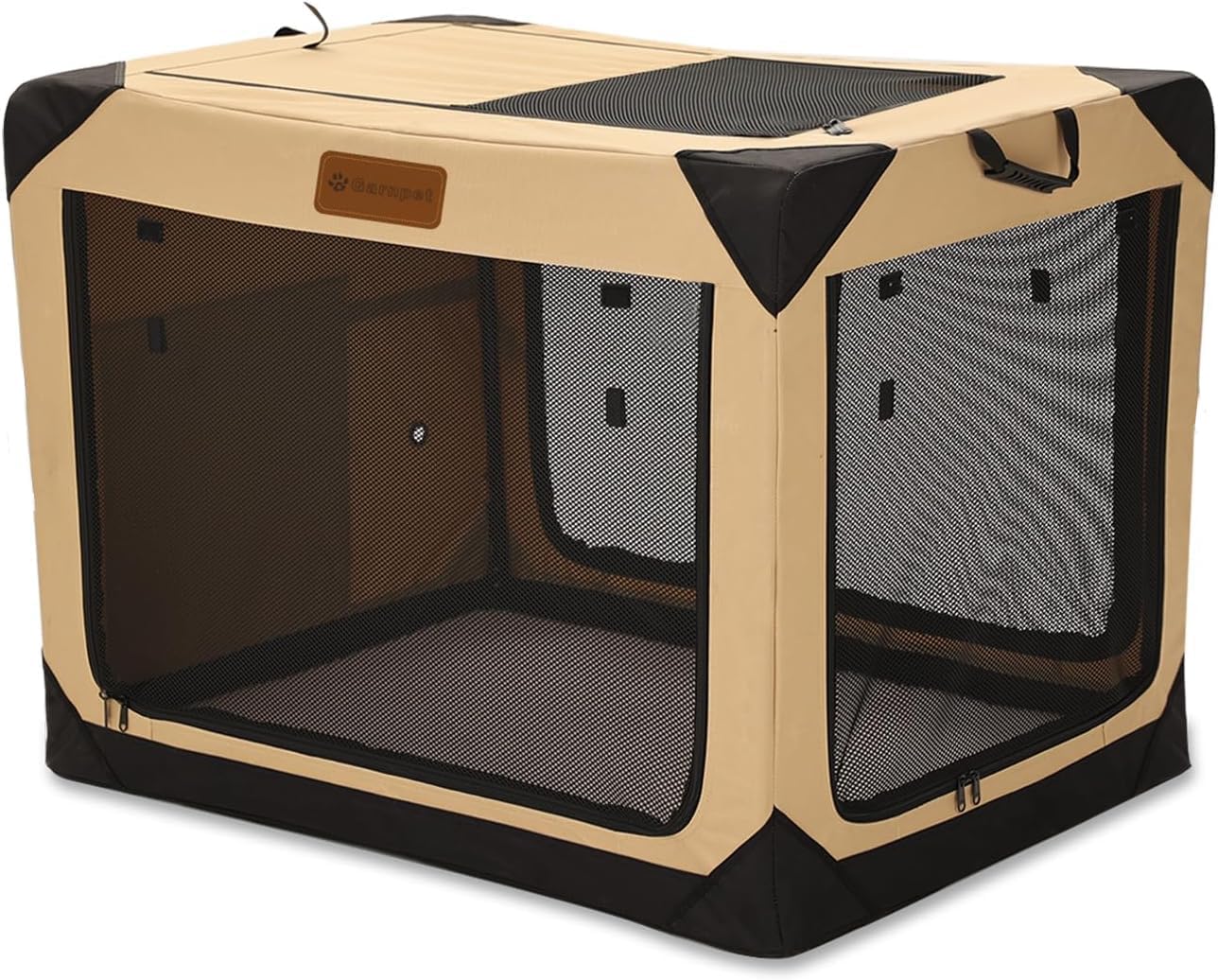 36 Inch Collapsible Soft Dog Crate for Large Dogs, 4-Door Foldable Travel Dog Kennel with Durable Mesh Windows for Indoor & Outdoor Portable Pet Crate, Soft Side Dog Crate, Beige