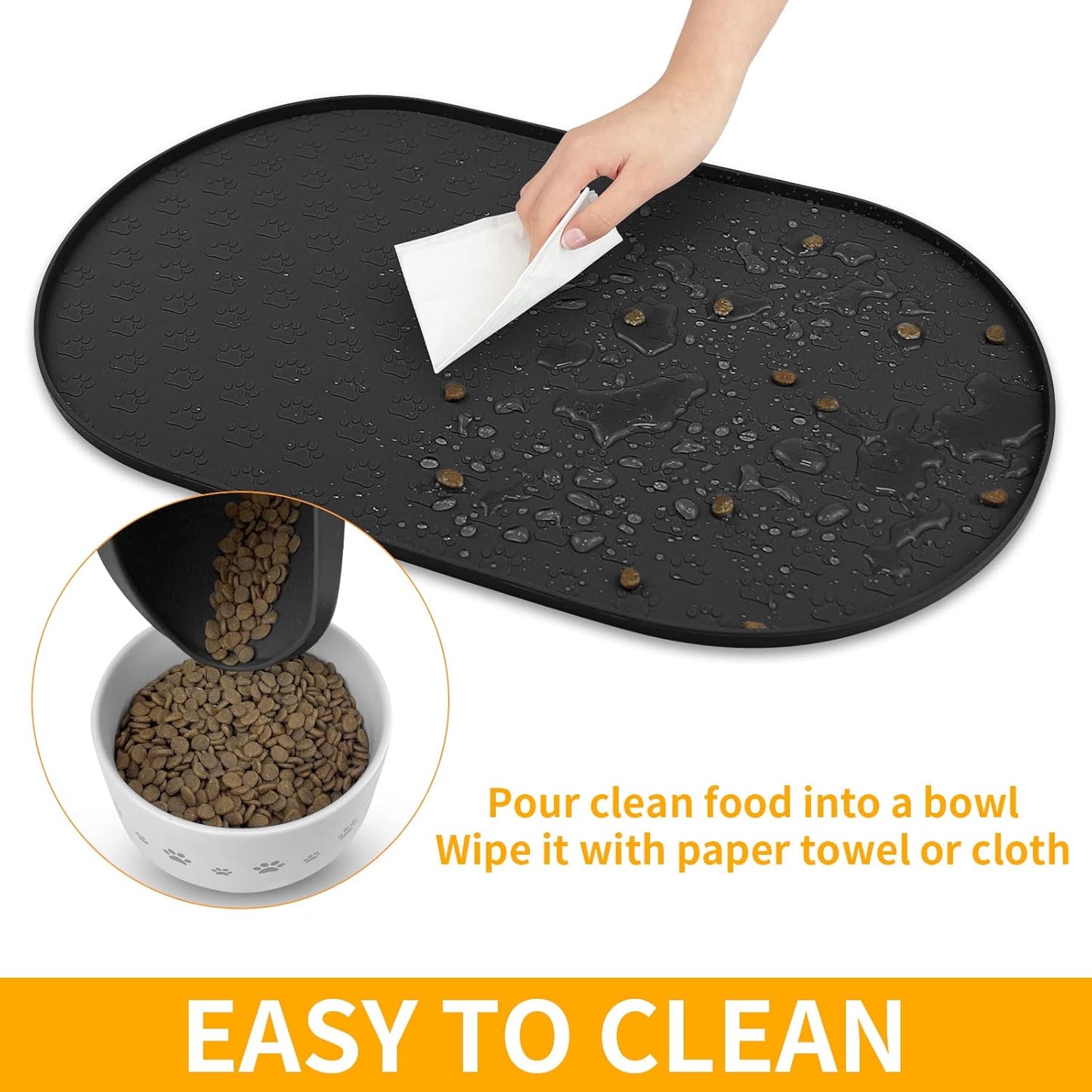 KPWACD Pet Feeding Mat for Dogs and Cats, Silicone Dog Placemat Non-Slip Waterproof Bowl Mats Prevent Food and Water Overflow, High-Lips Puppy Dish Tray Mat Suitable for Large Medium Small Pets, Black