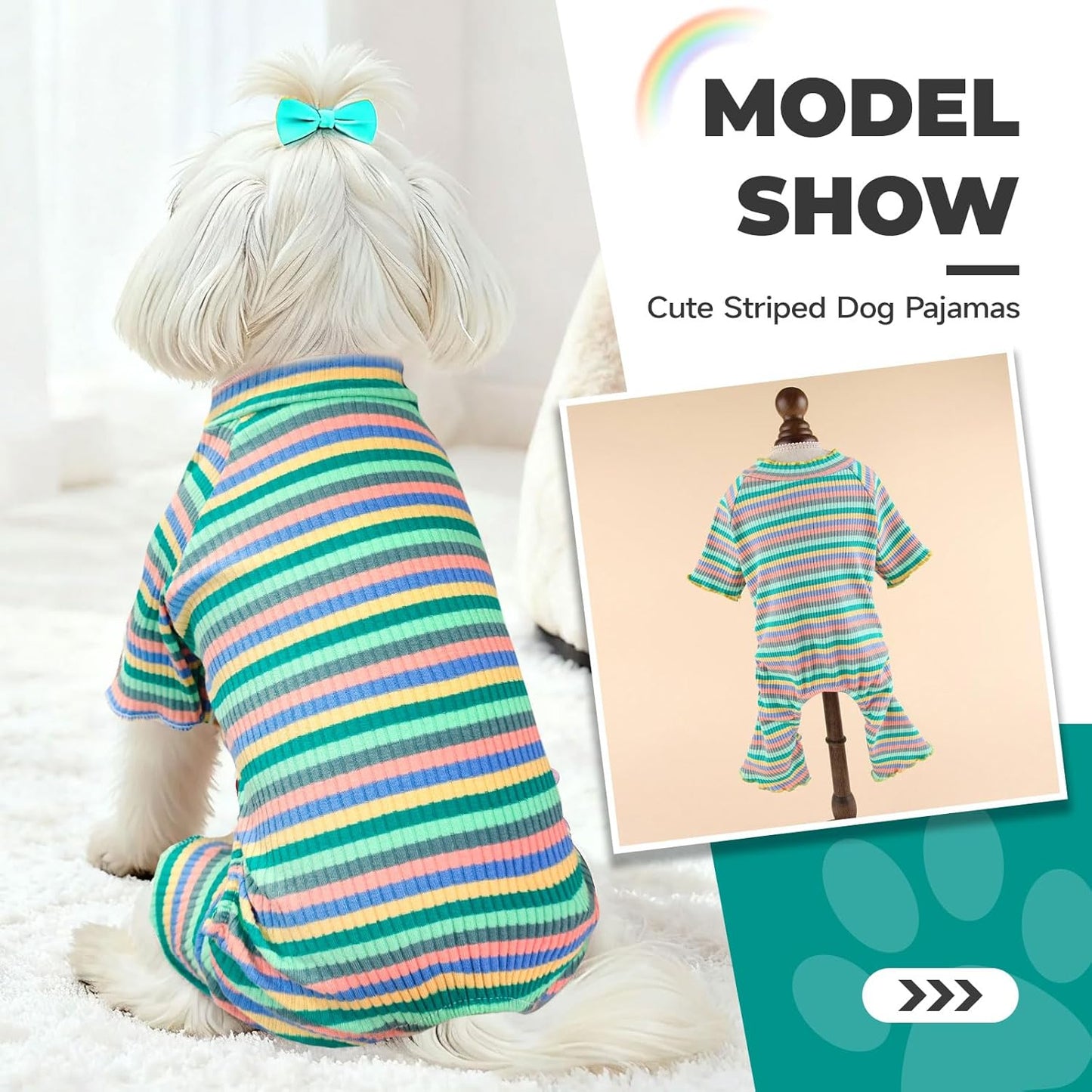 BAEJMJK Striped Dog Pajamas Stretchy Cute Four-Legged Boy Girl Dog Clothes with Sleeves Comfortable Dogs Jumpsuit Colorful Pet Puppy Outfits Apparel for Small Medium Dogs Cats(Green,X-Small)