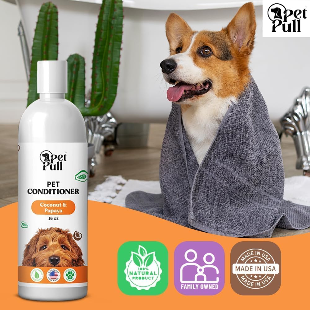 Dog Conditioner Puppy Essentials - Moisturizing Conditioner for Dogs with Coconut and Papaya Scent - Plant Based Dog Bath Supplies Detangle and Revive Pet's Coat - Made in USA (16 Oz)