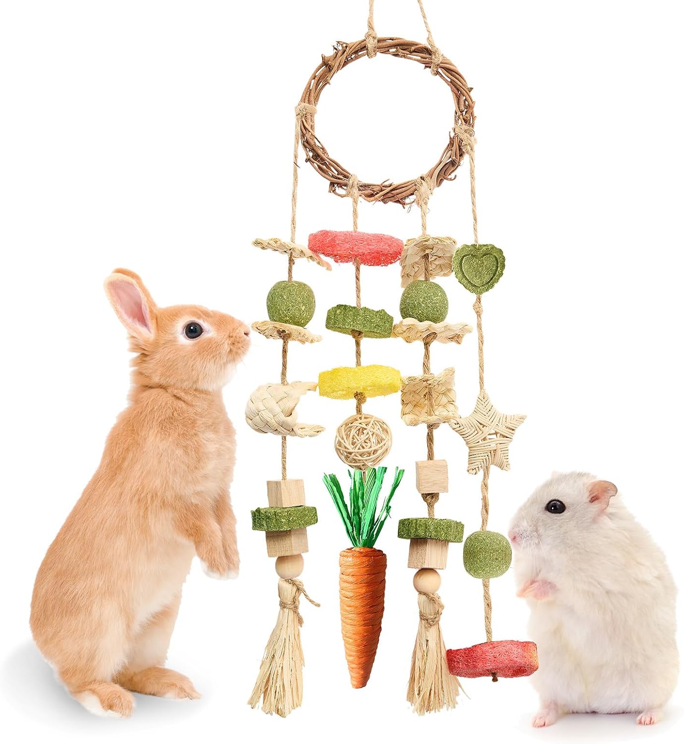 Rabbit Chew Toys Bunny Cage Hanging Toy and Treats Rattan Ring with Snacks for Rodent Pets Teeth Healthy