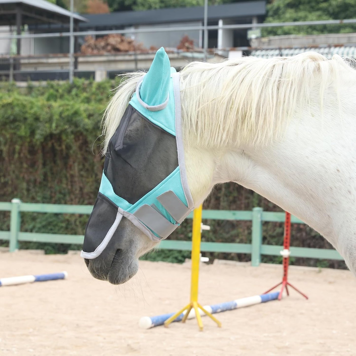Horse Fly Mask with Ears & Long Nose Cover | Forelock Opening for Tangle-Free Mane Care | UV Protection & Breathable Mesh | No Rub Fit and Enhanced Visbility for Trail Riding Turquoise Full