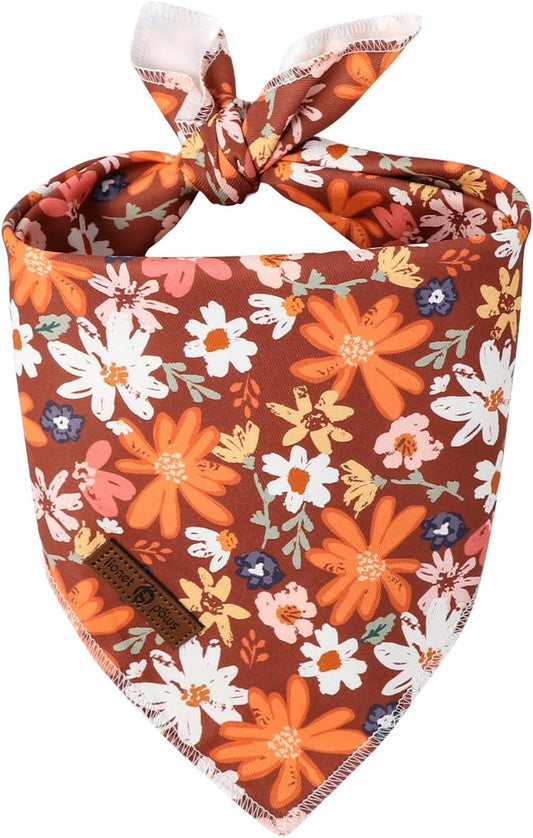 Lionet Paws Fall Dog Bandana Washable Cotton Borwn Handkerchief Scarf Triangle Floral Oxalis Bandana for Medium Large Dogs Girl Boy