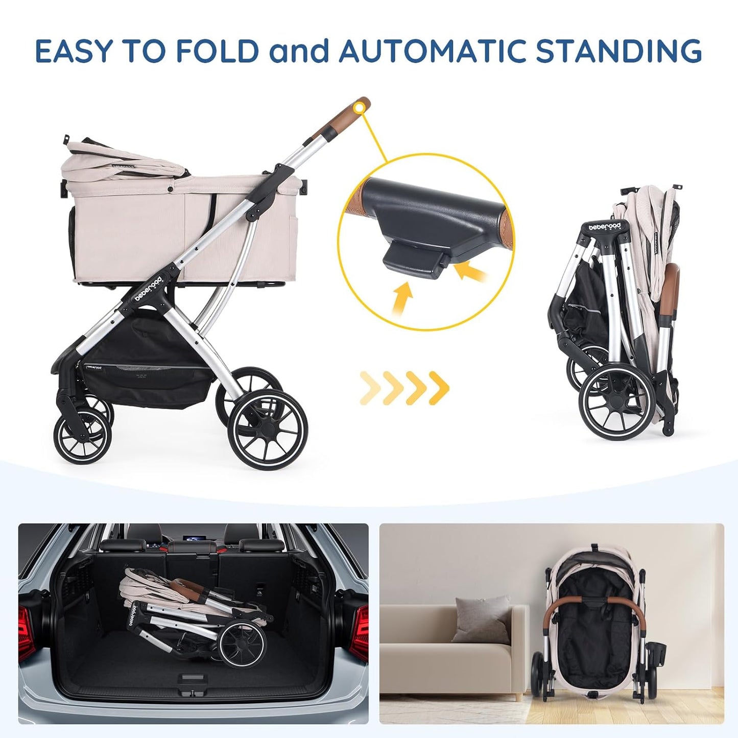 T5 Luxury Pet Stroller for Medium Dog Under 60lbs or 2 Small Dogs & Cats with 180 ̊Canopy, Sun Shades, Auto-Folding Stroller for Multiple Pets（Beige）