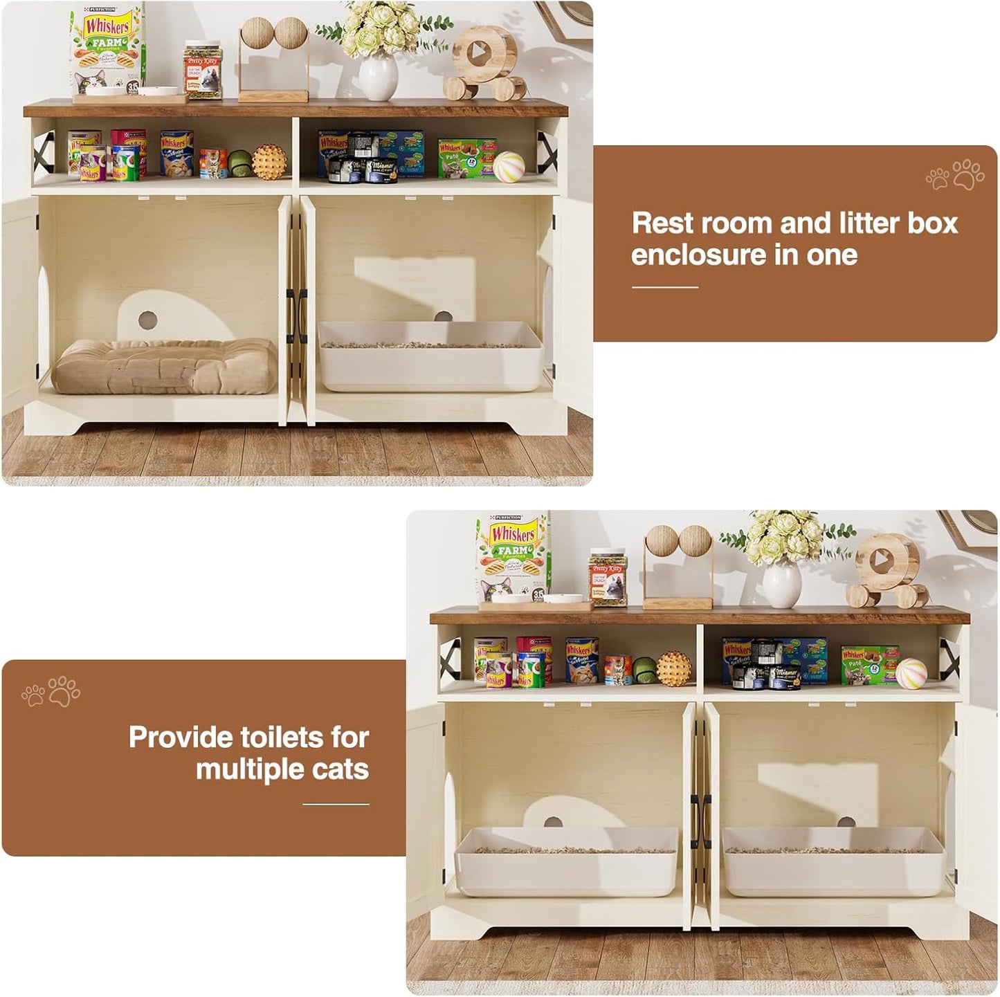 Cat Litter Box Enclosure for 2 Cats, 47" Hidden Litter Box Furniture Cat Washroom with Double Large Room, Farmhouse Indoor Litter Box Cabinet TV Stand, White