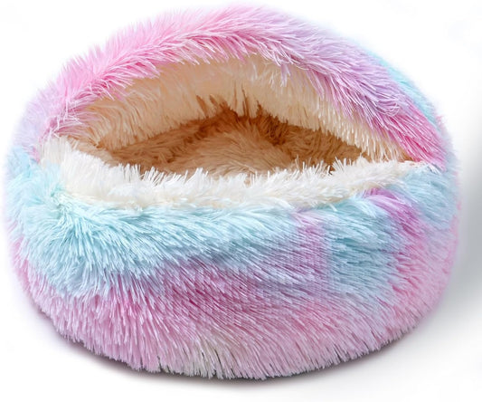 Cat Bed for Indoor Cats, Calming Cozy Cave with Self-Warming Plush, Entire Bed Machine Washable & Anti-Slip Base, Breathable Pet Bed for Small Cats&Dogs All Seasons (Dazzling Colors, 20 * 20inch)