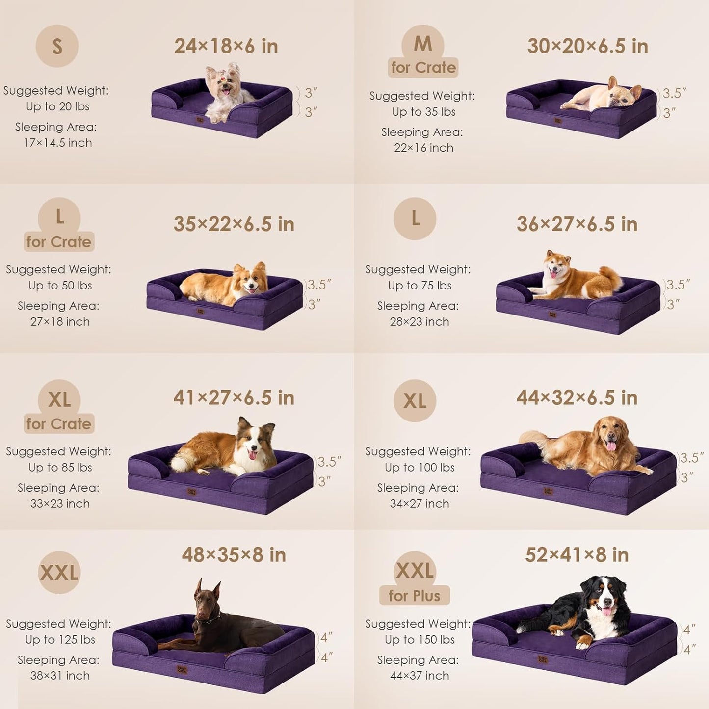 EHEYCIGA Orthopedic Dog Beds for Large Dogs, Waterproof Memory Foam Large Dog Bed with Sides, Non-Slip Bottom and Egg-Crate Foam Pet Couch Bed with Washable Removable Cover, Purple