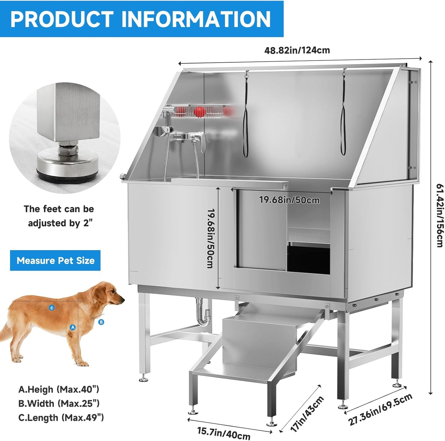 Dog Washing Station 50" Dog Grooming Tub with Right Stair& Faucet, Stainless Steel Dog Bathing Station for Home,Dog Bathtub for Large,Medium,Small Pets