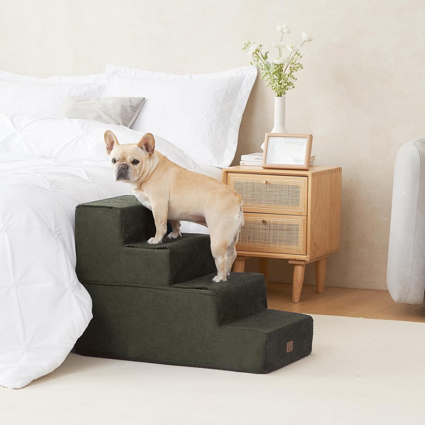 EHEYCIGA Dog Stairs for Bed 20" H, 4-Step Extra Wide Dog Steps for High Bed, Pet Steps for Small Dogs and Cats, Non-Slip Balanced Pet Ramp Indoor, Olive Green