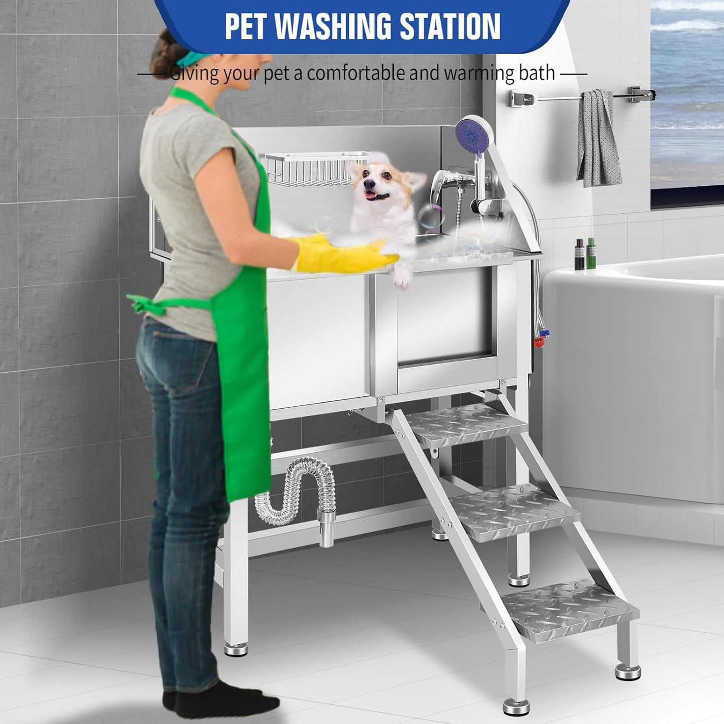 Electric Dog Bathing Station for Large Dogs, Height Adjustable Stainless Steel Dog Pet Washing Station, Professional Dog Grooming Tub with Electric Lift, Pet Wash Bath Station