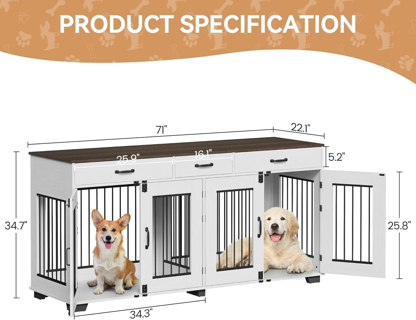 71 in Dog Crate Furniture for 2 Dogs, Wooden Double Dog Crate with 3 Drawers and Removable Room Divider, XXL Indoor Dog Kennel TV Stand End Table with Double Doors for Large Medium Dogs, White