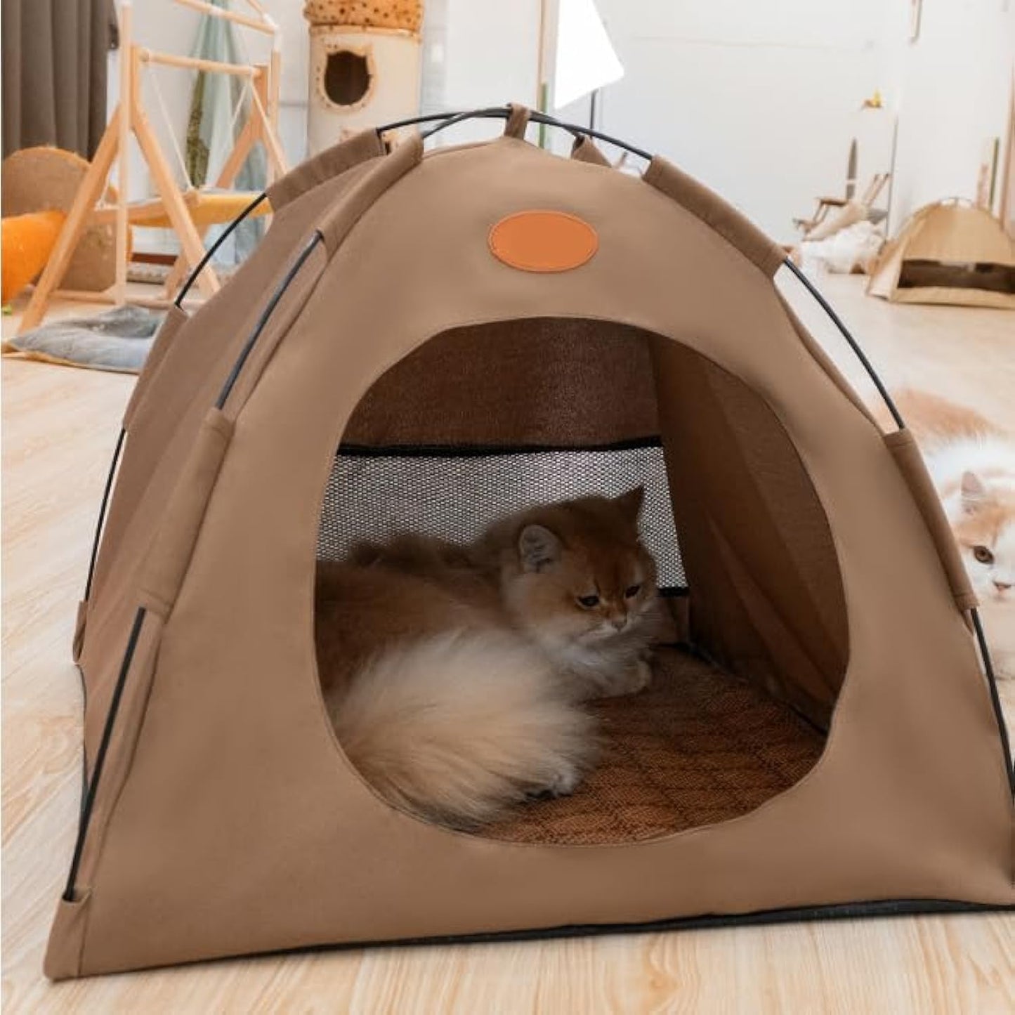 BreezyDen Pop-Up Pet Tent – Portable Indoor/Outdoor Cat Tent, Waterproof Pet Hideaway for Cats & Small Dogs with Mesh Window, Anti-Slip Base & Washable Design (Coffee, M (8 catties Kitten))