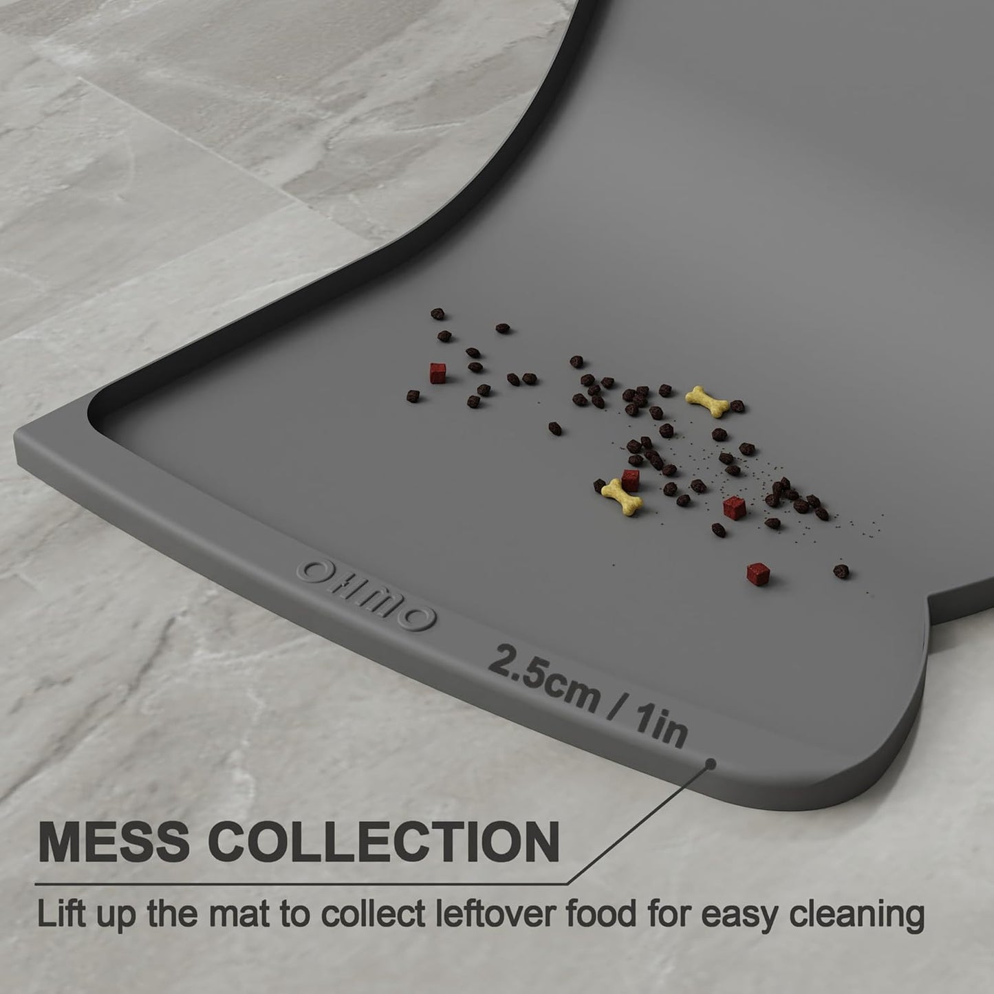 OHMO Dog Food Mat(Dark Grey, 24 * 15'') w/Residue Collection Pocket Silicone Pet Feeding Mat for Floor High Edges Anti Spills Waterproof Cat Water Bowl Tray, Easy Clean Placemat