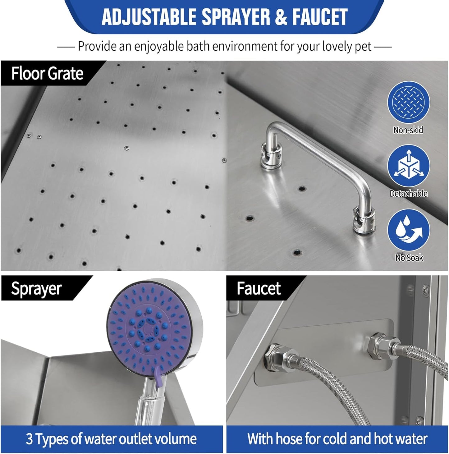 Professional Stainless Steel Dog Grooming Bathtub Station Wash Shower Sink with Faucet Walk-in Ramp and Accessories Pet Grooming Bathtub Station,34" L-RAMP