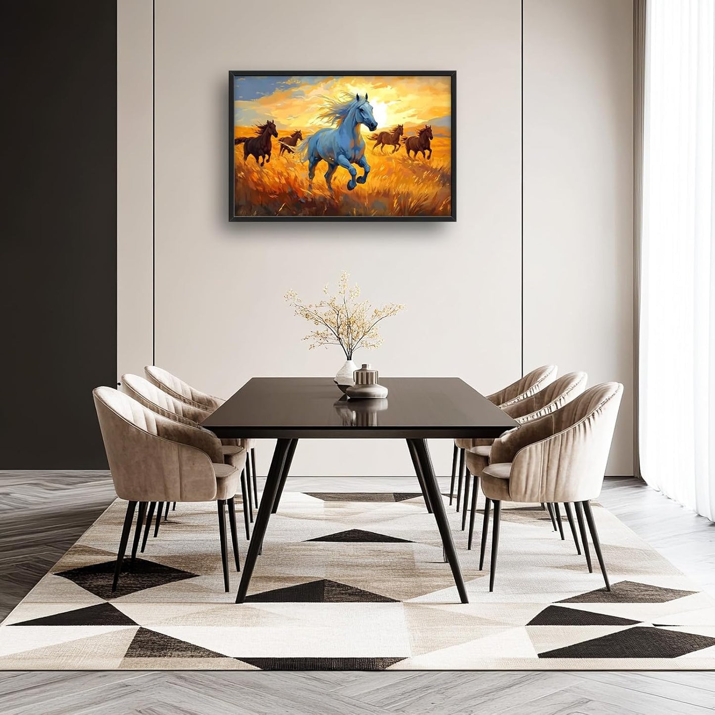 Framed Large Horse Wall Art for Living Room, Oversized Running Horses Wall Decor, Sunset Field Landscape Canvas Painting Home Decoration for Living Room Bedroom Dining Room Office 36"x24"