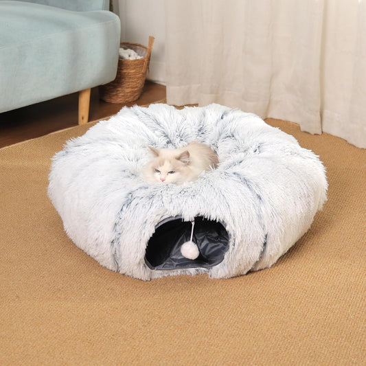 Cat Tunnel with Cat Bed for Indoor Cats, Soft Plush Peekaboo Cat Cave Donut Tunnel, Multifunctional Playground Toys Hideplace for Small Medium Large Kittens, Rabbit, Ferret