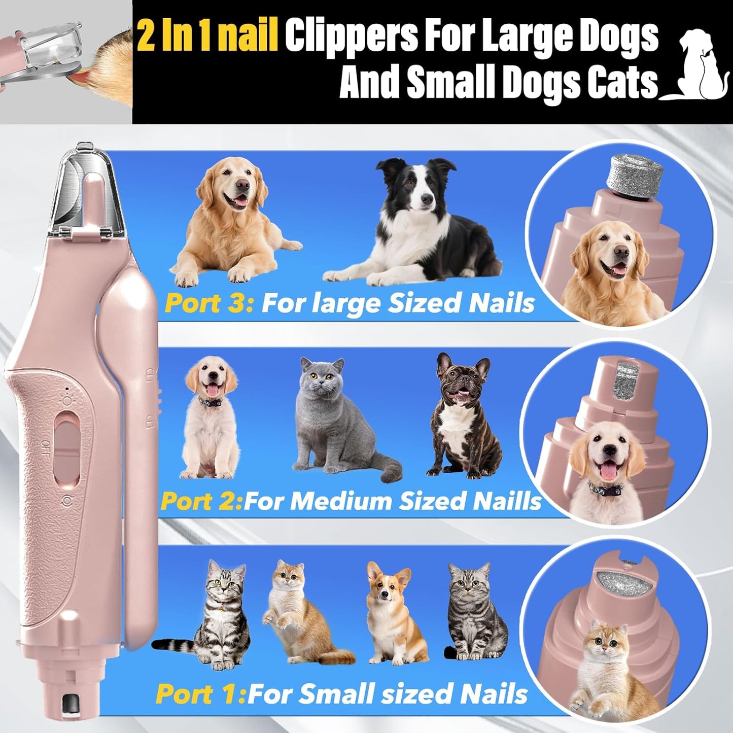 2-in-1 Cat Nail Clippers & Dog Nail Clippers Trimmers for Large Medium Small Dogs Cats Claw Trimmer Quick Sensor and Safety Guard USB Rechargeable with 2 LED Lights Dogs Nail Trimmer