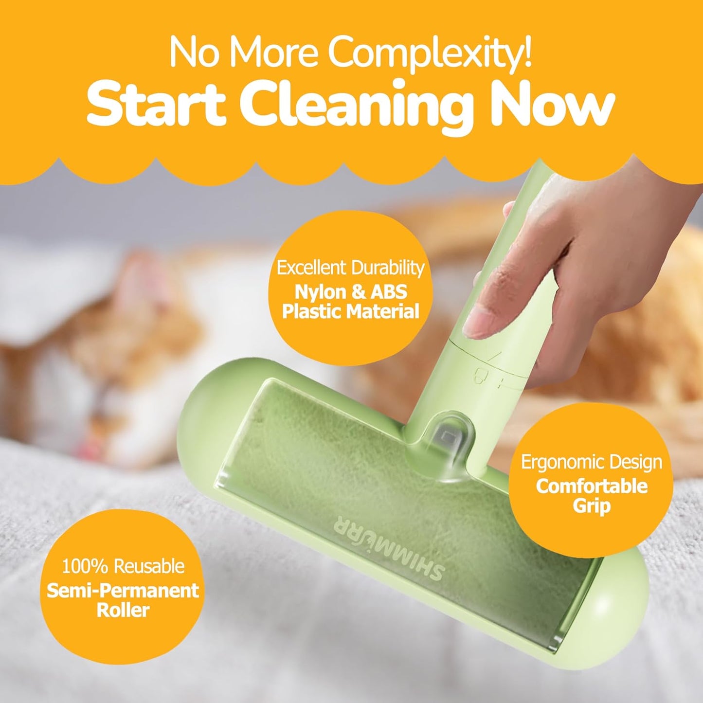 Reusable Pet Hair Remover - Lint Roller for Dog & Cat Fur - for Furniture, Carpet, Clothing - Detachable Handle (Green)