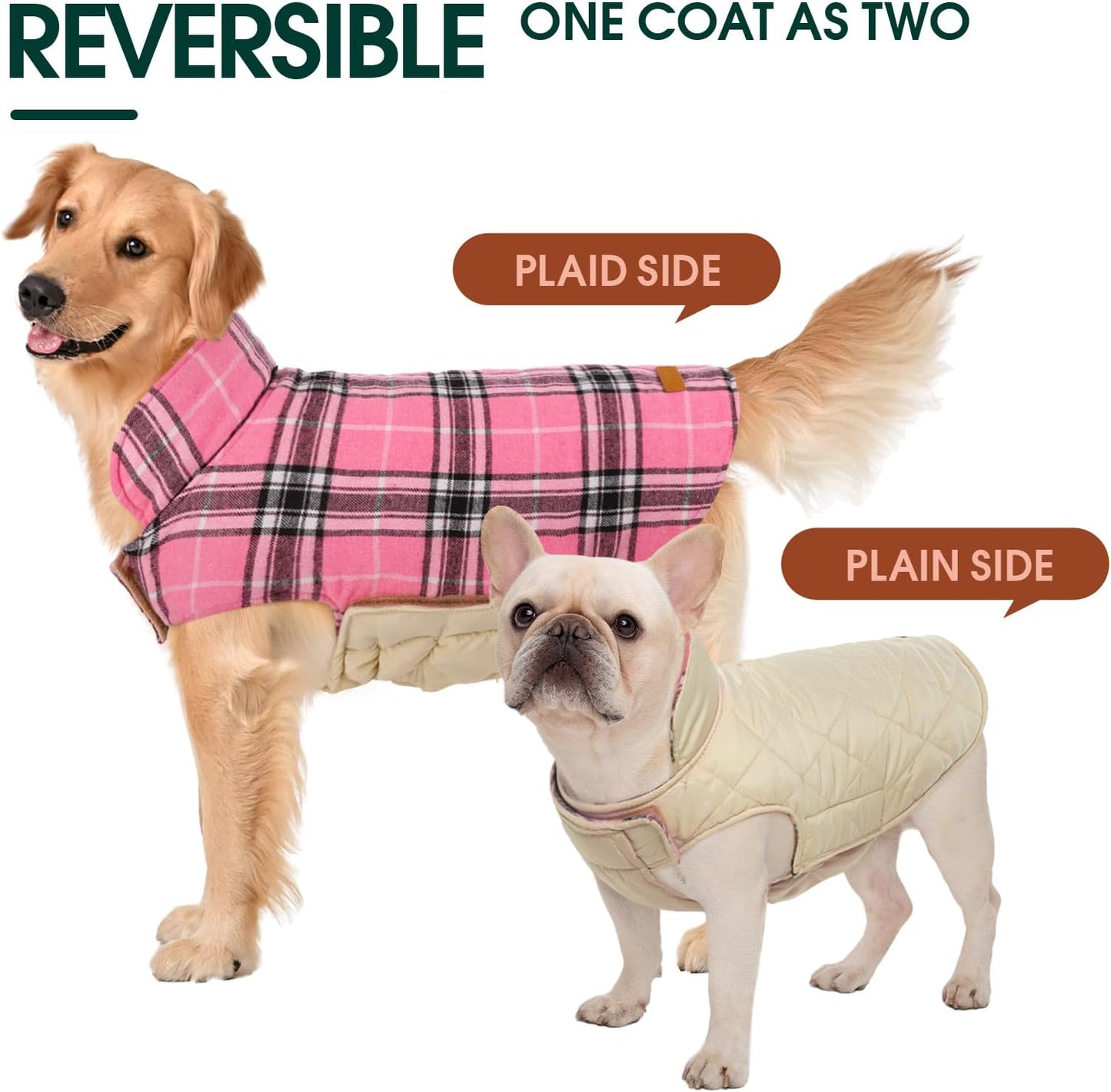 Kuoser Waterproof Dog Coat, Reversible Dog Jacket for Small Dogs, Adjustable Durable Doggie Winter Coat Warm Cozy Puppy Cold Weather Apparel from Small to Large Breed, Pink S
