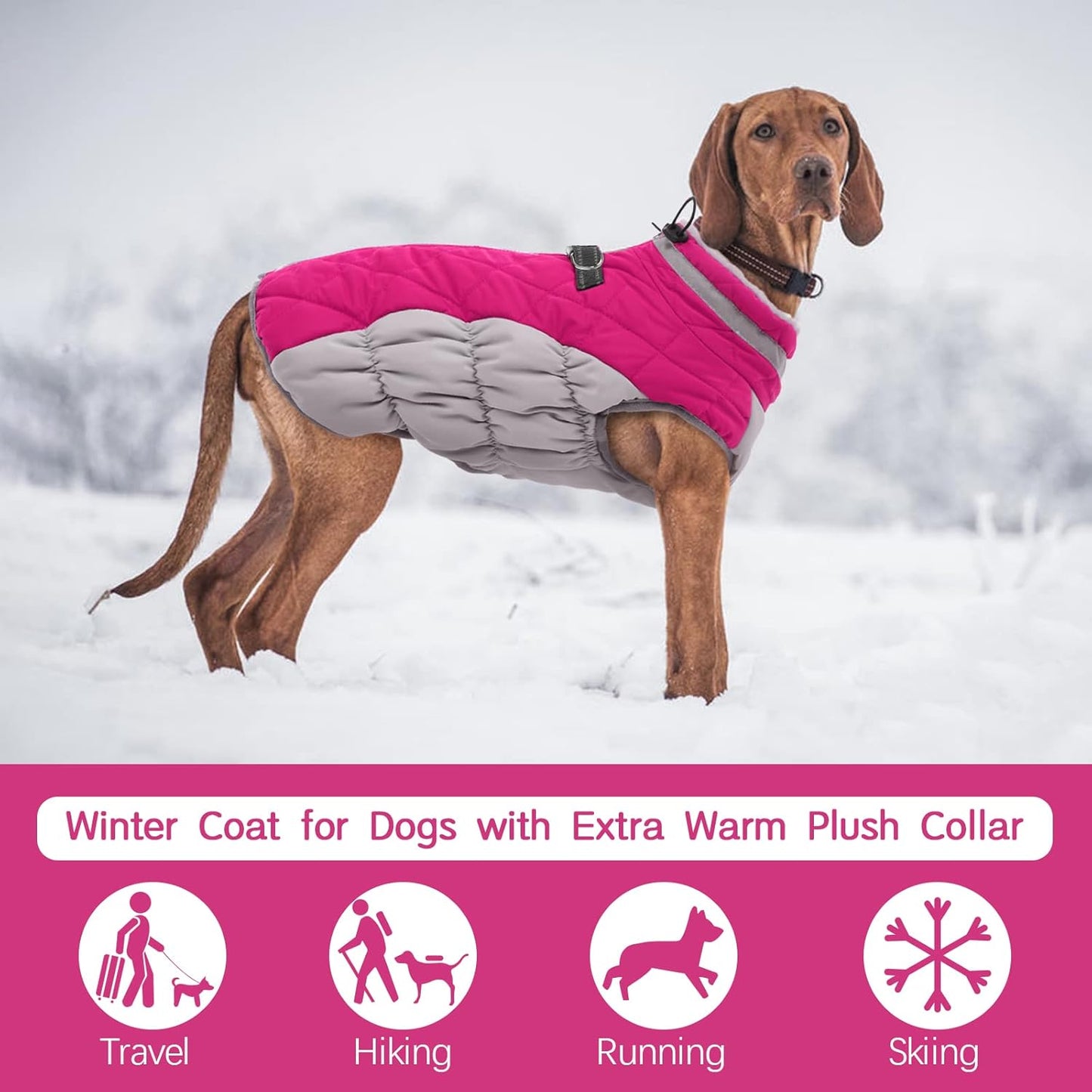 FUAMEY Dog Coat for Large Dogs,Waterproof Dog Winter Jacket with Harness Built in Puppy Cold Weather Coats Reflective Pet Vest with Zipper Warm Fleece Dogs Snowsuit Windproof Pink L