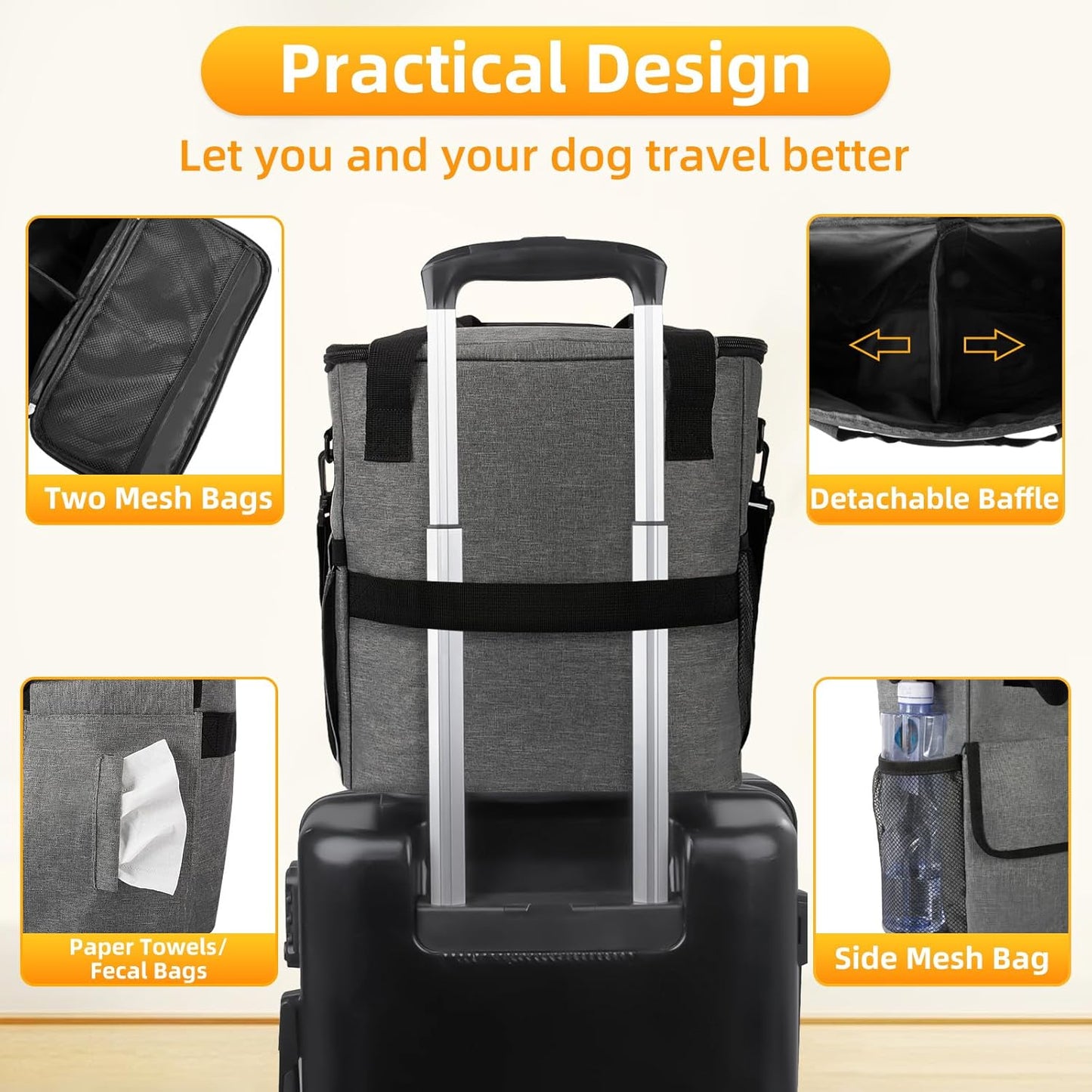 Dog Travel Bag for Camping - Weekend Pet Accessories With 2 Collapsible Bowls, 2 Food Containers, 1 Waterproof Feeding Mat - M, Grey