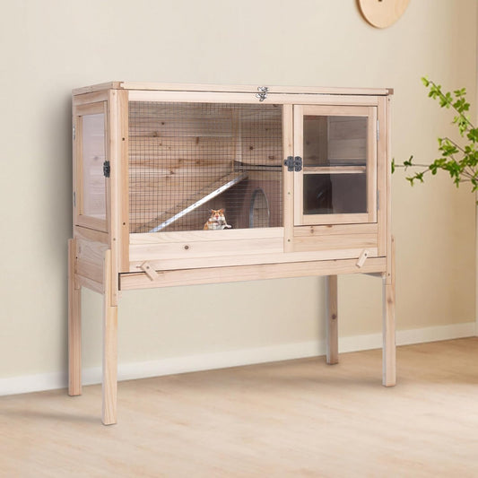 GUTINNEEN Guinea Pig Cage Rabbit Cage Indoor with Chew-Proof Edges, Clean Deep Tray, Leakproof PVC Layer, Small Animals Cage with Adjustable Legs - Natural Wood Color