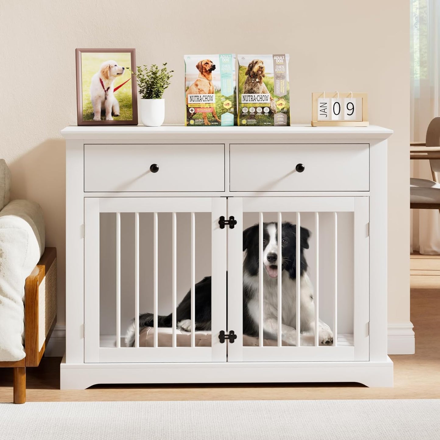 PUKAMI 44inch Dog Crate Furniture with Drawers,Wooden Dog Kennel Furniture for Large Breed,White End Table Wood Dog House for Indoor use,for Small/Medium/Large Dog