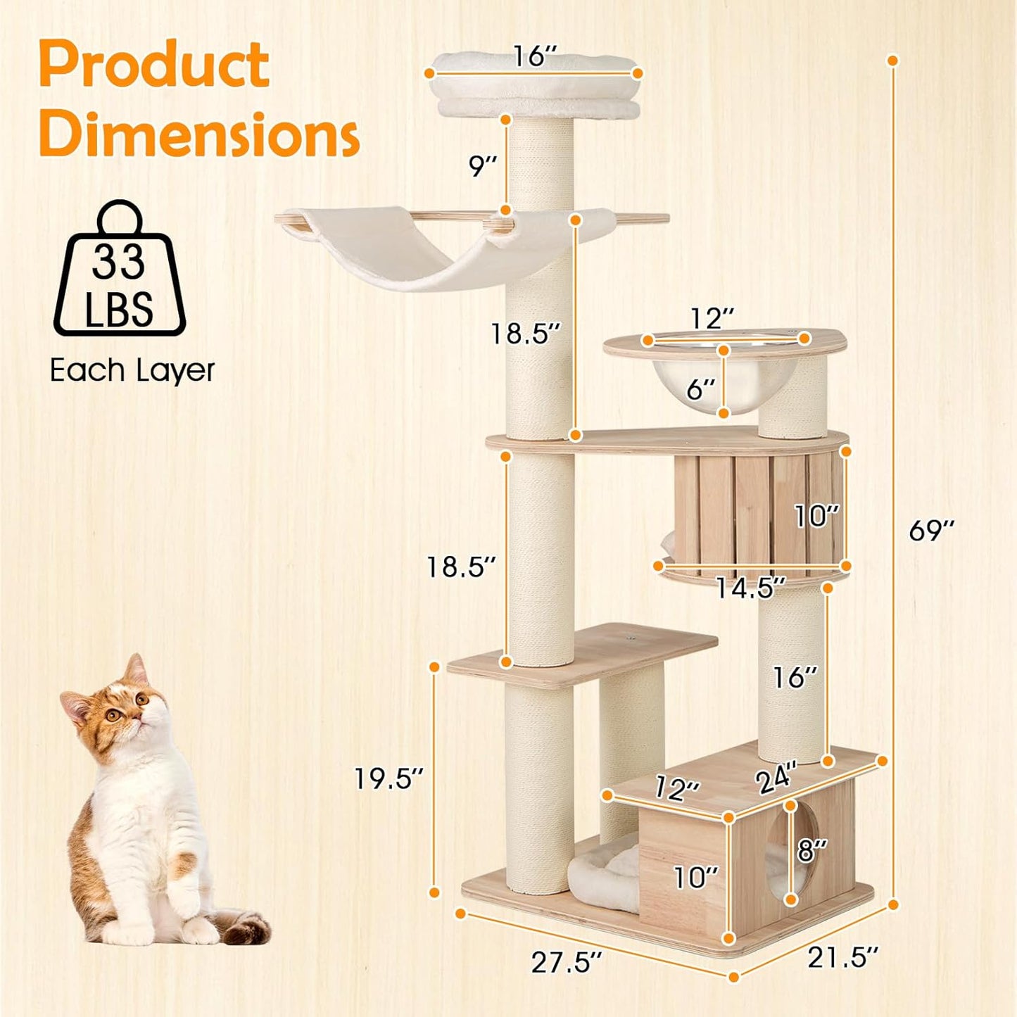 Tangkula 69” Tall Cat Tree, Multi-Layer Wood Cat Tower with Scratching Posts, Perch, Condo, Space Capsule, Hammock, Washable Cushions, Modern Cat Tree Tower for Indoor Cats Large Adult