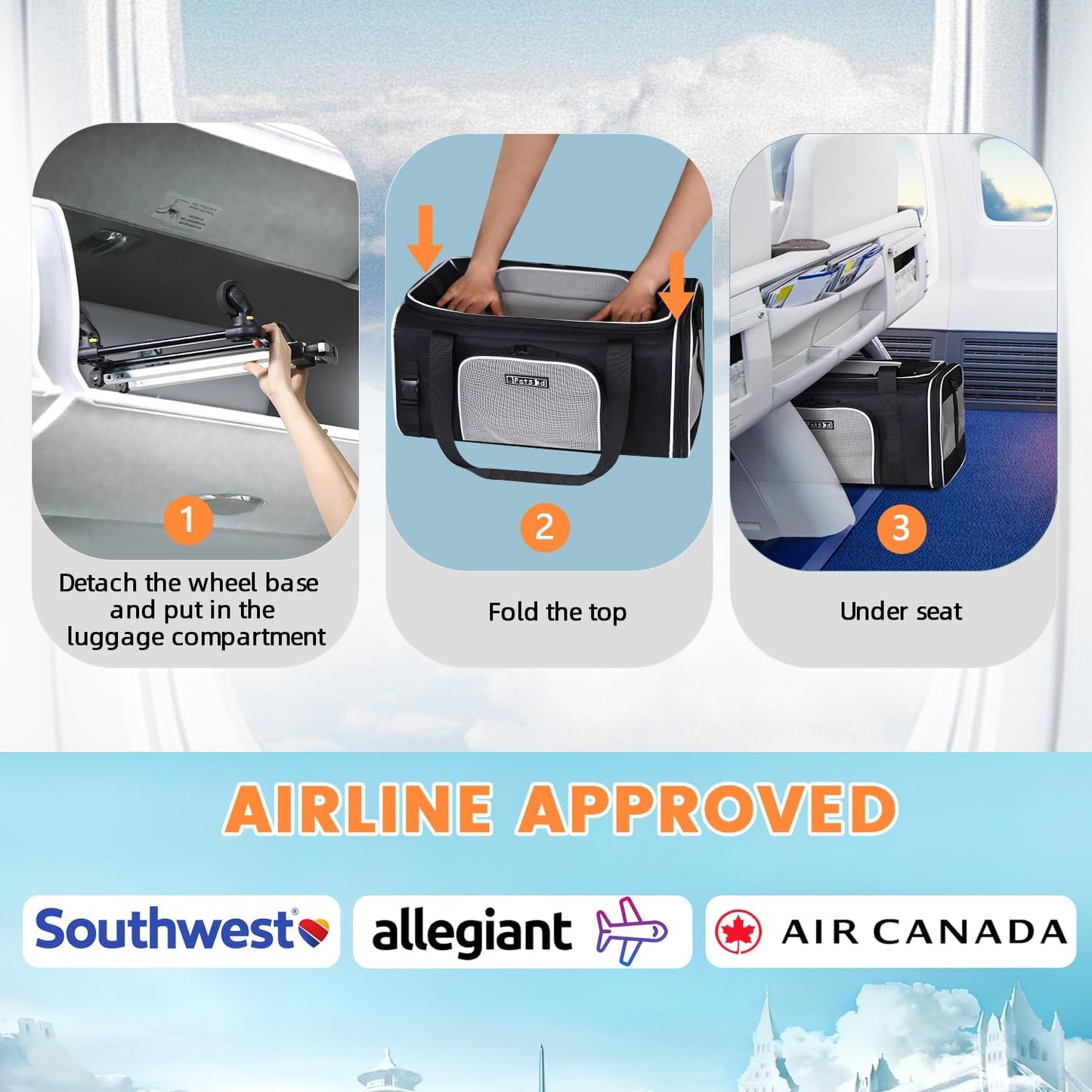 Petskd Top-Expandable Pet Carrier with Wheels 19x13x9 Inches Southwest Allegiant Airlines Approved, Soft-Sided Carrier for Small Dog Under 12 lbs and Large Cat Under 15 lbs(Black)