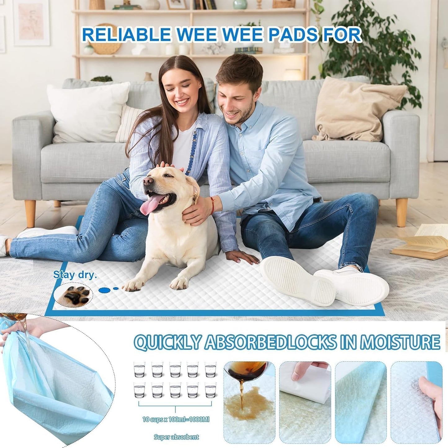 XXL Puppy Pee Pads - 36"x36", 100 Count, Super Absorbent, Thick, Disposable Potty Pads for Dogs & Puppies