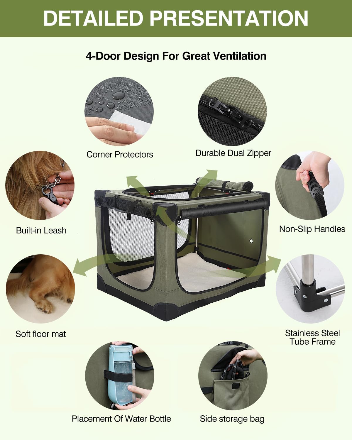 36-Inch Collapsible Travel Dog Crate, Portable 4-Door Soft Kennel for Medium to Large Dogs, Durable Mesh Windows, Indoor/Outdoor Use, Foldable, with Storage Bag (Green)