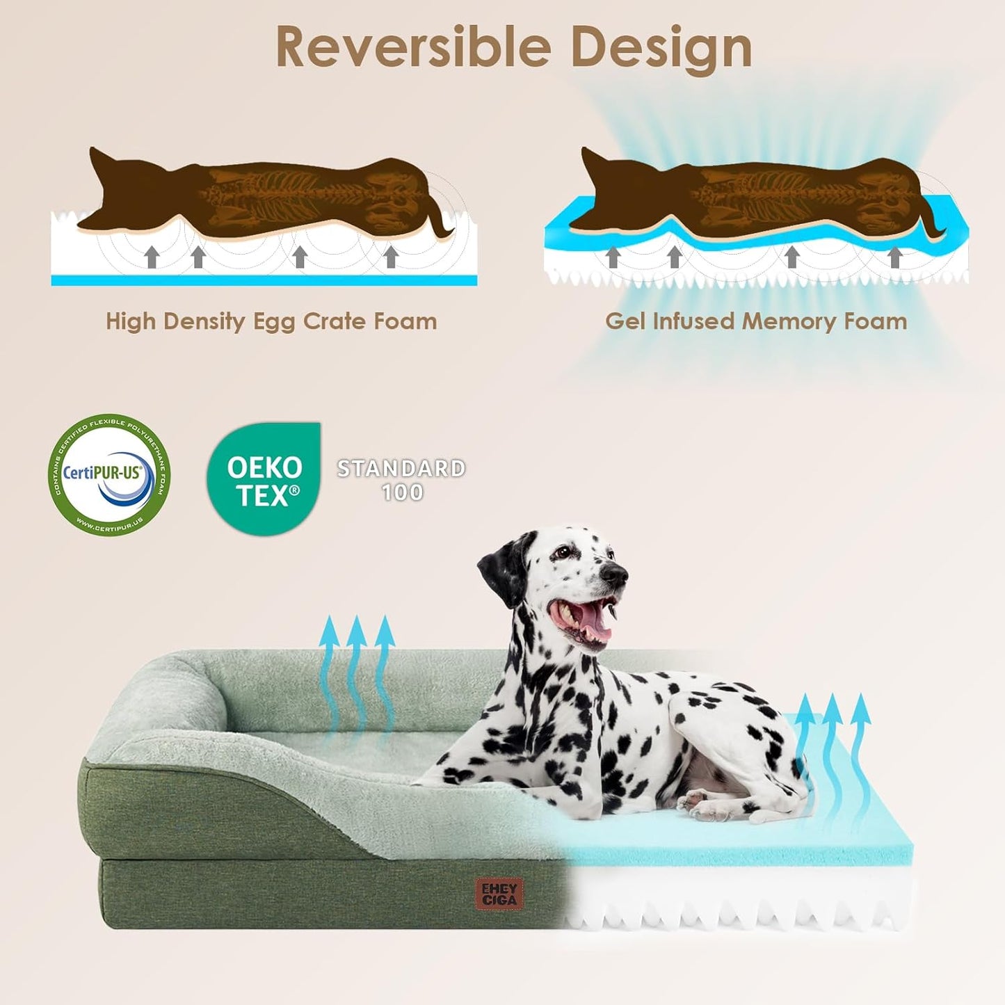 EHEYCIGA Memory Foam XL Dog Bed for XLarge Sized, Extra Large Orthopedic Dog Sofa with Sides and Waterproof Liner, Washable Bolster Pet Couch with Removable Cover, 42x30x7.5 Inch, Green