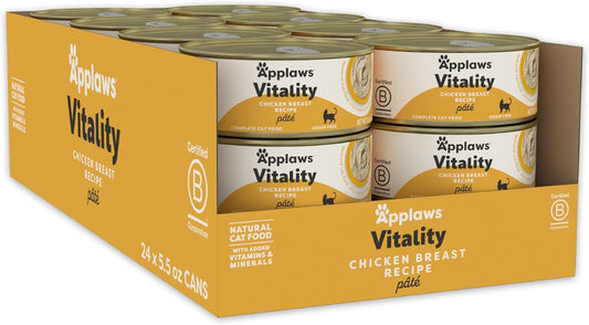 Applaws Vitality Wet Cat Food Paté, Natural Canned Cat Food, Wet Food for Cats with Added Vitamins and Minerals, Grain Free, Carrageenan Free, Chicken Breast (24 Count, 5.5oz Cans)