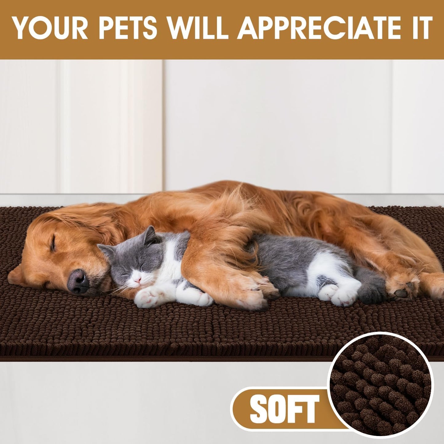 Dog Door Mats for Muddy Paws, Chenille Absorbent Door Mats, Non Slip Heavy Mud Mat for Dogs, Soft Indoor Door Mat for Entryway, Mud Paws, Inside Floor,36" X 24", Brown