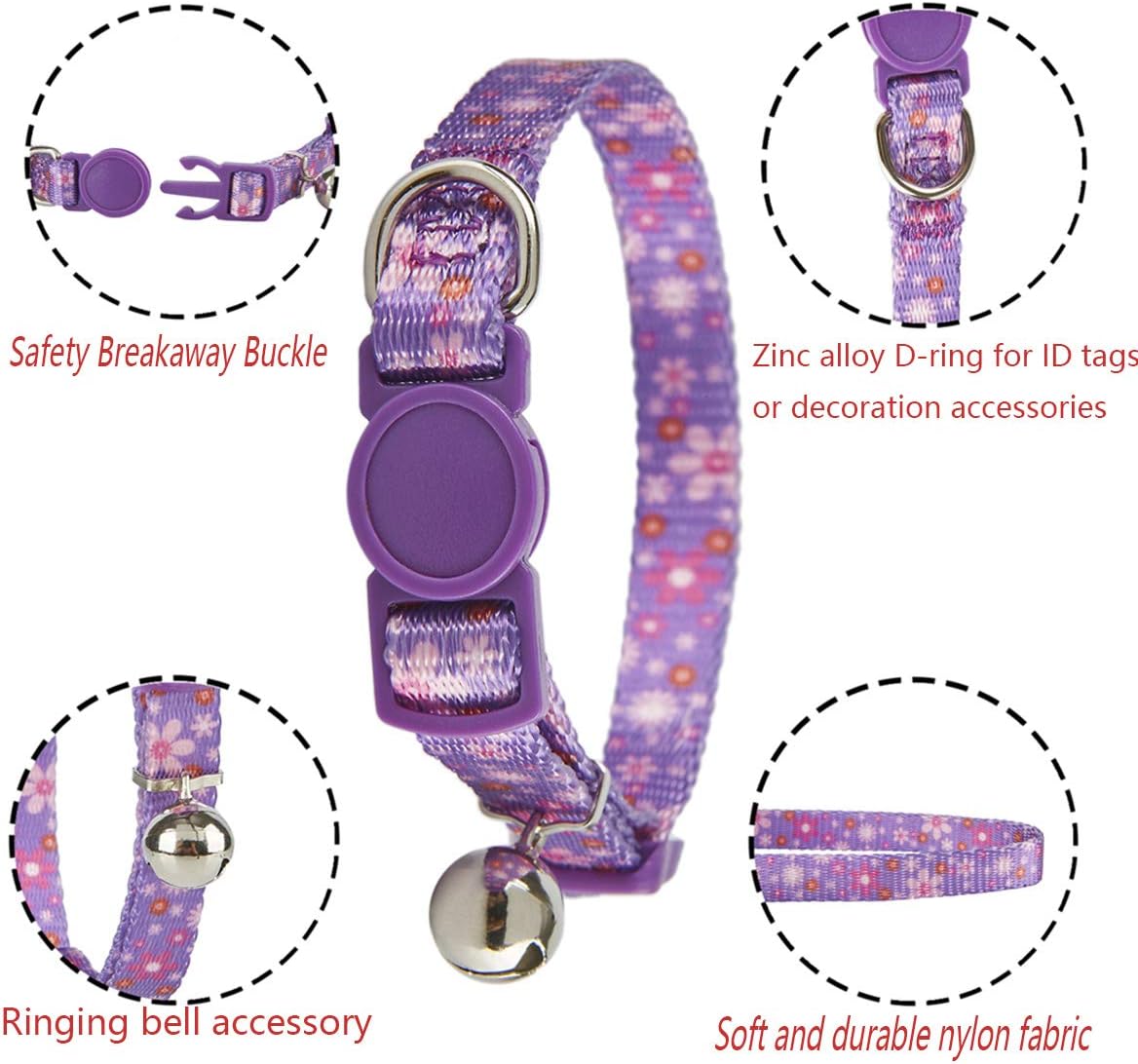 2 Pack Floral Cat Collars Breakaway Kitten Collar with Bell Adjustable Cute Kitty Collar for Female Cats Pink Purple