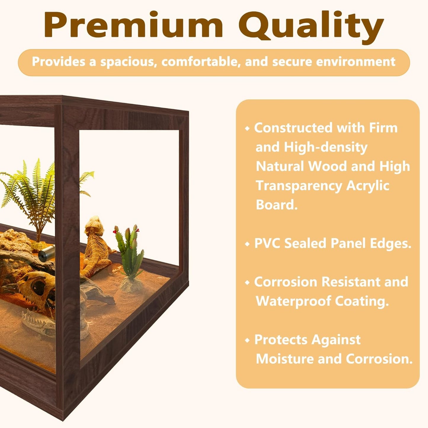 PROLEE Bearded Dragon Tank,34 Gallon Reptile Tank with Meatl Mesh Roof and Front Sliding Door, Anti-Scratch Lizard Tank,Spacious Reptile Enclosure for Snakes,Lguanas, Chameleons(Walnut)