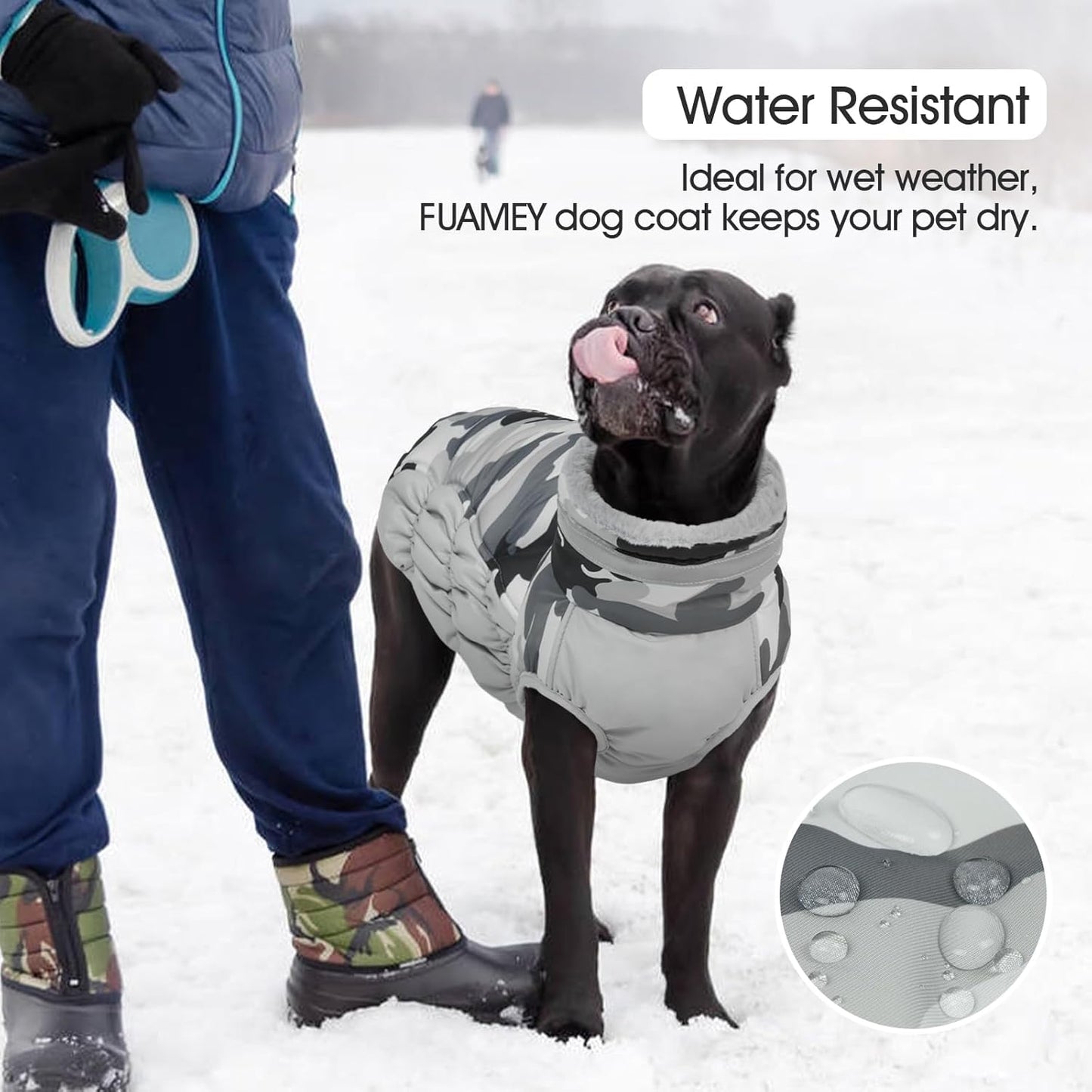 FUAMEY Dog Coat for Large Dogs,Waterproof Dog Winter Jacket with Harness Built in Puppy Cold Weather Coats Reflective Pet Vest with Zipper Warm Fleece Dogs Snowsuit Windproof Grey Camo XXL