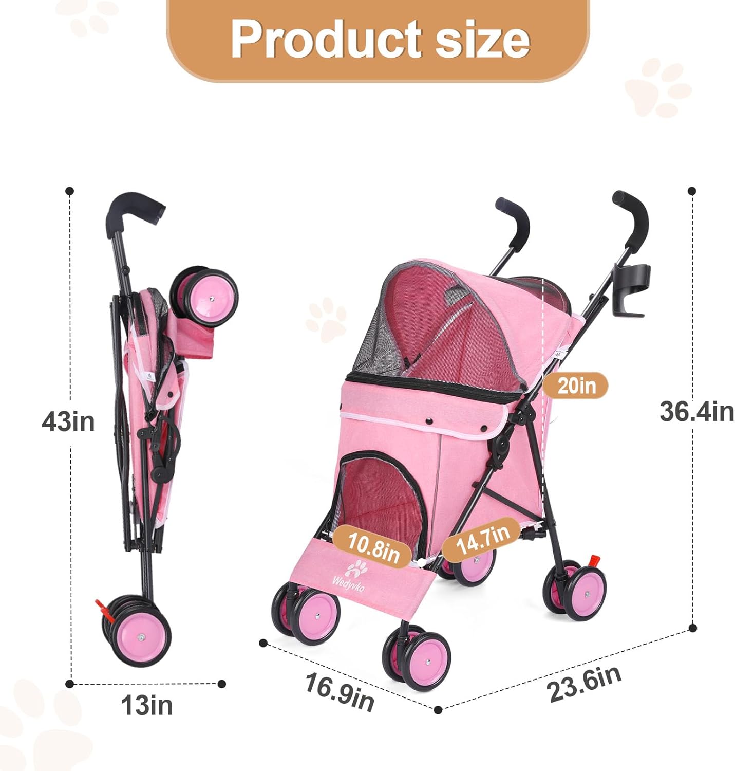 Umbrella Dog Stroller, 4 Wheels Pet Strolling, Foldable Carrier Pet Stroller for Small Dogs Cats, with Carrying Strap and Cup Holder, Dog Poop Bags & Dispenser, Up to 33 lbs, Pink