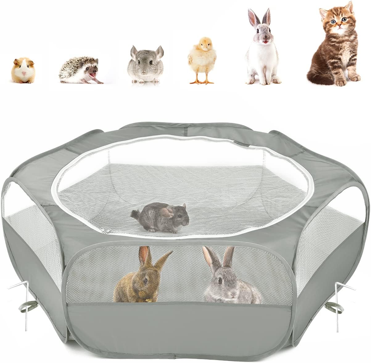 Pawaboo Small Animals Playpen, Waterproof Small Pet Cage Tent with Zippered Cover, Portable Outdoor Yard Fence with 3 Metal Rod for Chick/Kitten/Puppy/Guinea Pig/Rabbits/Hamster/Chinchillas,Light Gray