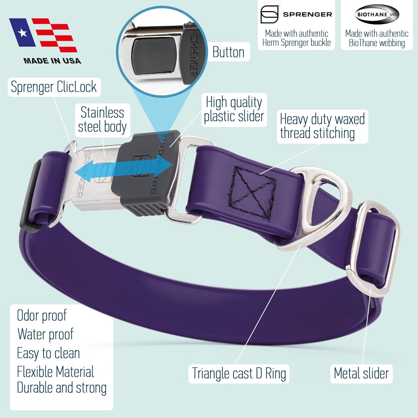 Dogline Biothane Waterproof Dog Collar with Herm Sprenger Stainless Steel Quick Release Buckle – Heavy Duty Tactical Durable Collar for Dogs – Comfortable and Safe Pet Collar, W 1" L 15-25", Purple