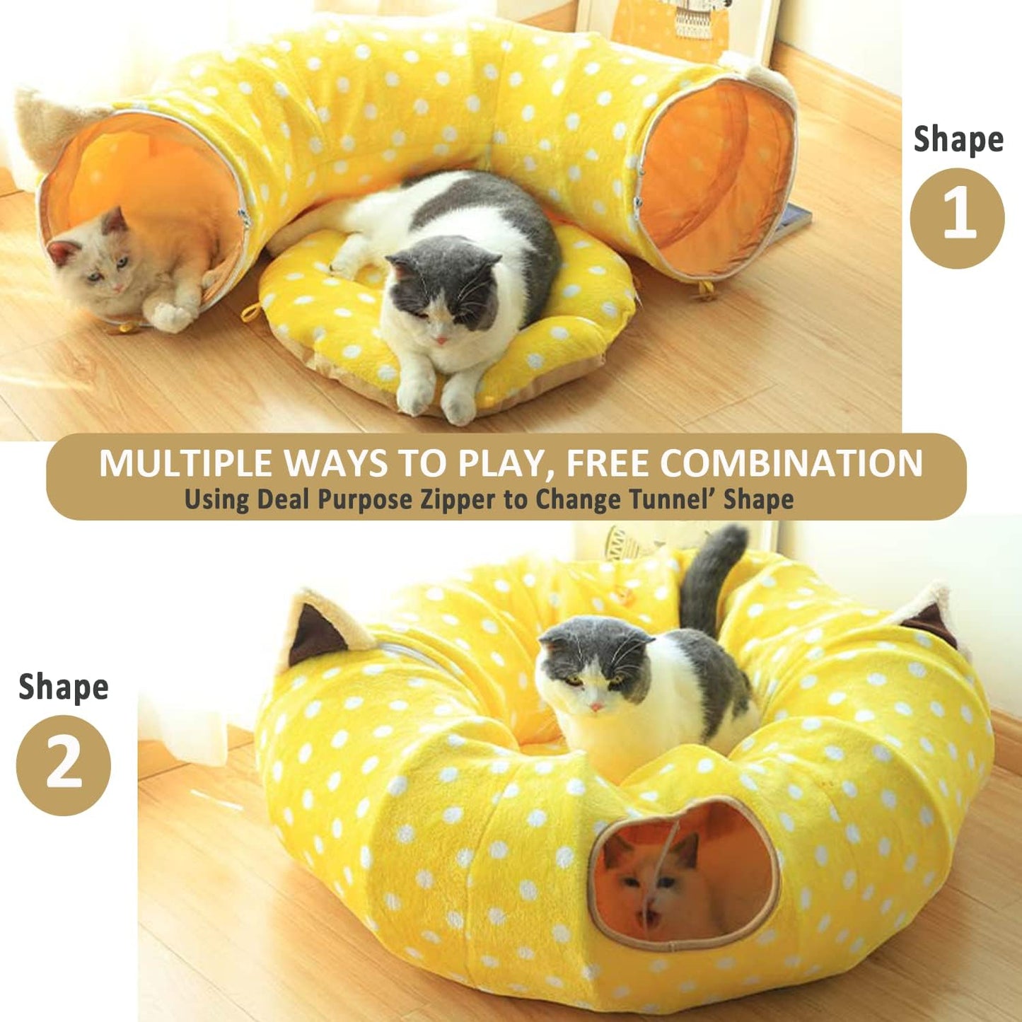 AUOON Cute Cat Donut Tunnel - Round Cat Tunnel Bed with Washable Cushion Interactive Cat Toy for Indoor Cats Kitten Kitty Puppy Rabbit Ferret (Yellow)
