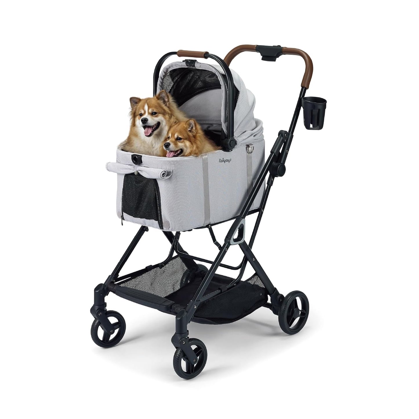 ibiyaya Tinker Pet Stroller for Small Dogs and Cats – 3-in-1 Pet Carrier, Dual-Opening Canopy, No-Flat Wheels, Vegan Leather Handle, Large Storage Basket (Silver Gray)