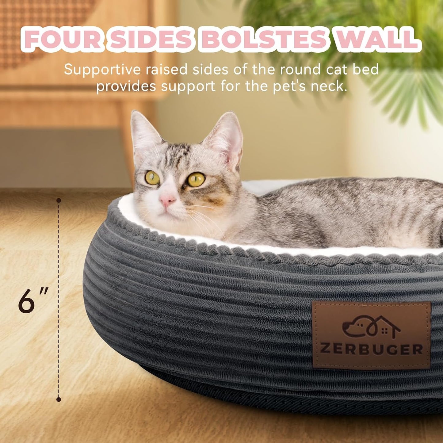 20in Washable Cat Beds for Indoor Cats - Round Donut Pet Bed for Cats, Small Dogs, Puppy, Kitten - Anti-Slip Bottom, Calming Bed Gift - Dark Grey