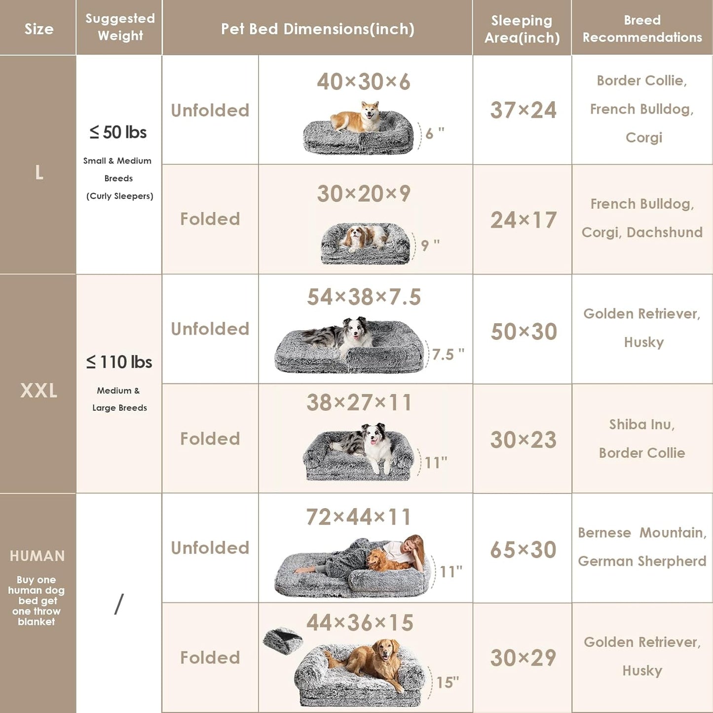 EHEYCIGA Foldable XXL Dog Bed, Faux Fur Fluffy Pet Couch Bed for Extra Large Dogs, Orthopedic Calming Memory Foam Pet Bed, Washable Soft Pet Sofa Bed with Non-Slip Bottom, Faded Black, 54"x38"x7.5"