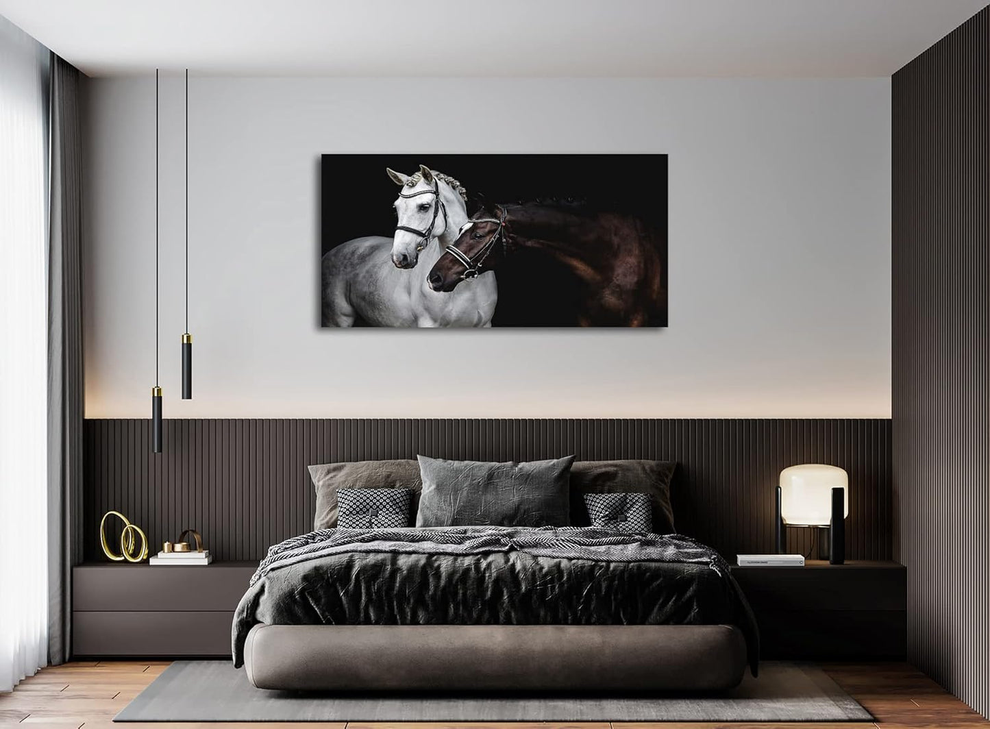 LK0650-Jiuqinghua Wall Art Canvas Print Picture White and Brown Horses 1 Panel Wild Animal Painting Artwork for Living Room Bedroom Office Home Wall Decor Stretched and Framed Ready to Hang