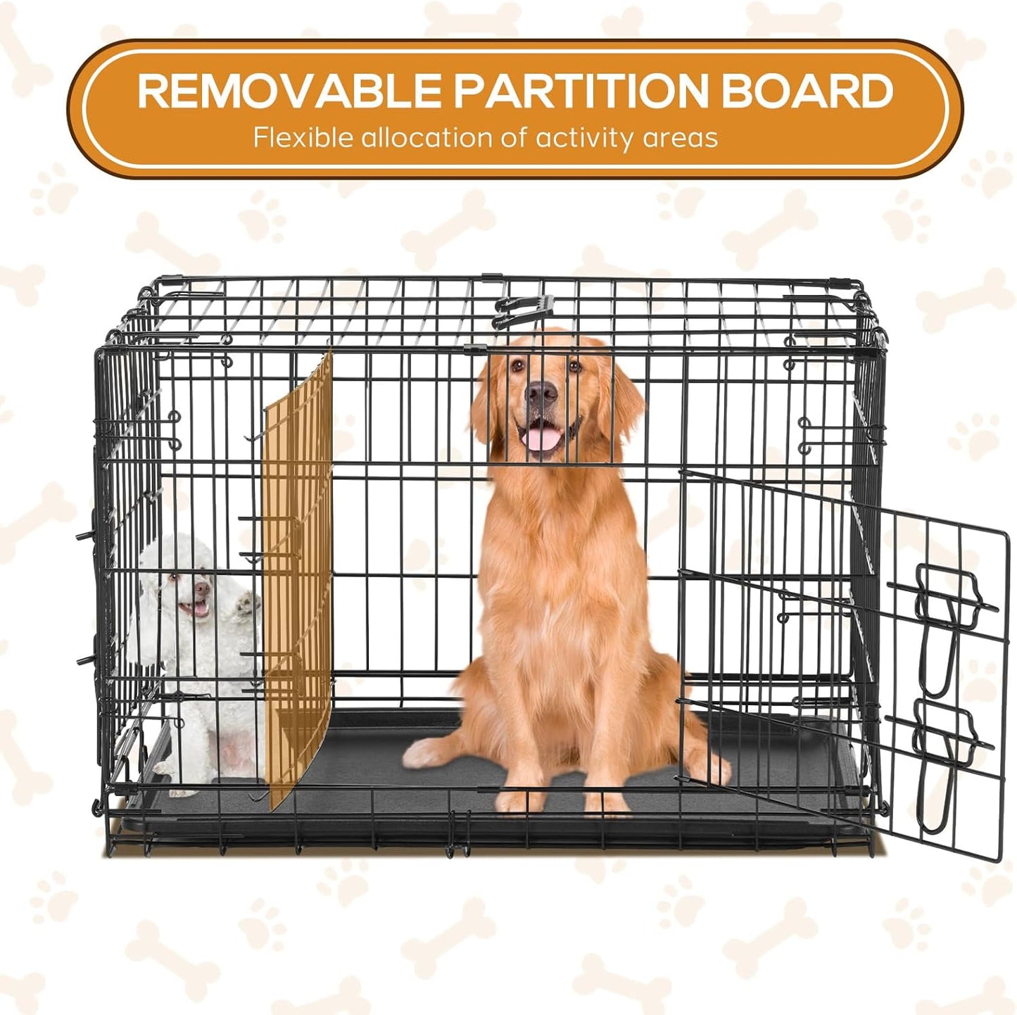 Dog Crate, 36 Inch Medium Wire Kennel with Divider Panel, Metal Cages with Double Door, Leak-Proof Pan Tray, Folding Portable for Indoor Outdoor Travel