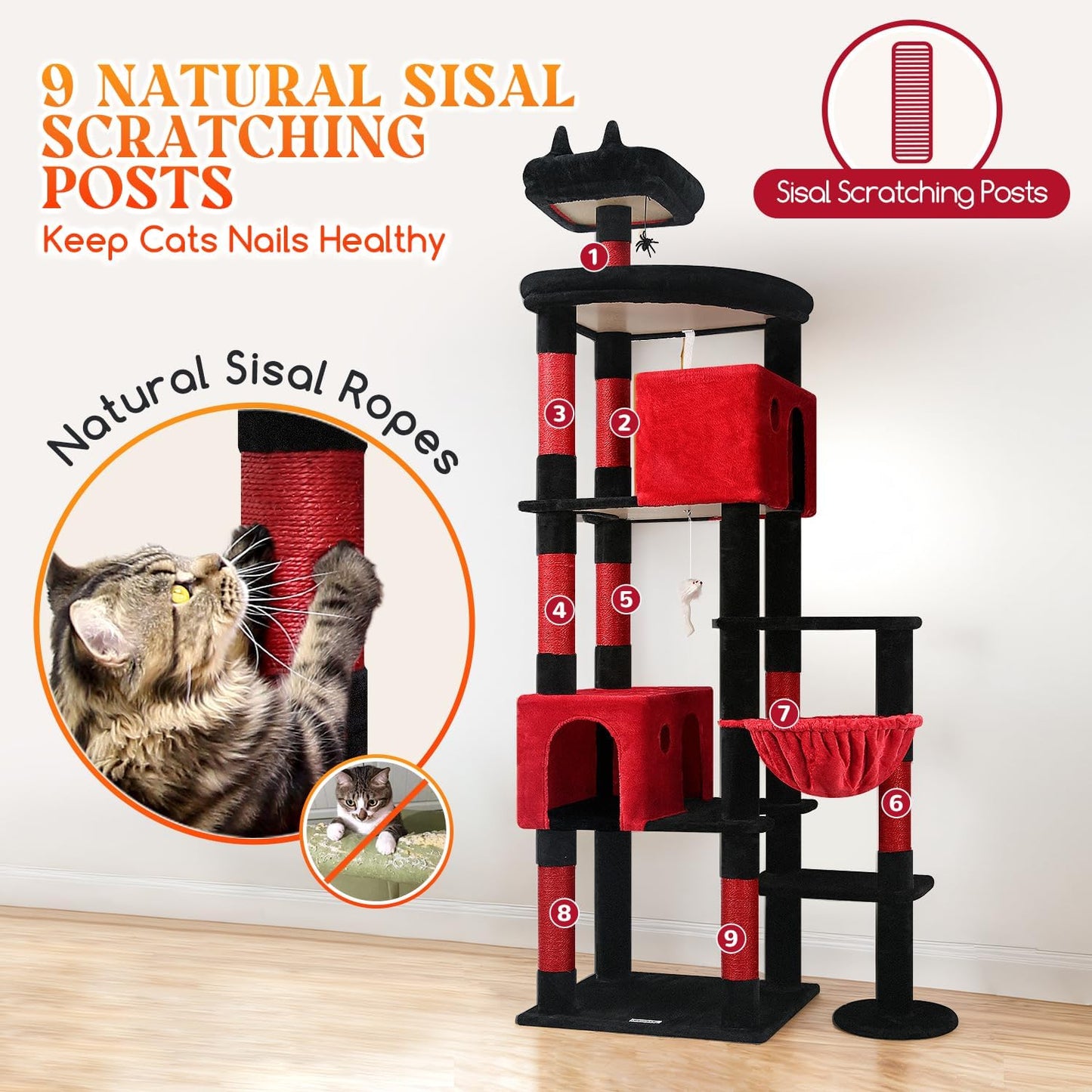 Globlazer Gohtic Giant Cat Tree, 83 inch Goth Cat Tree for Indoor Cats Large Adult, XXL Cat Tower with 9 Scratching Posts for 20lb+ Heavy Duty Large Adult Cats, F83, Blood-Goth