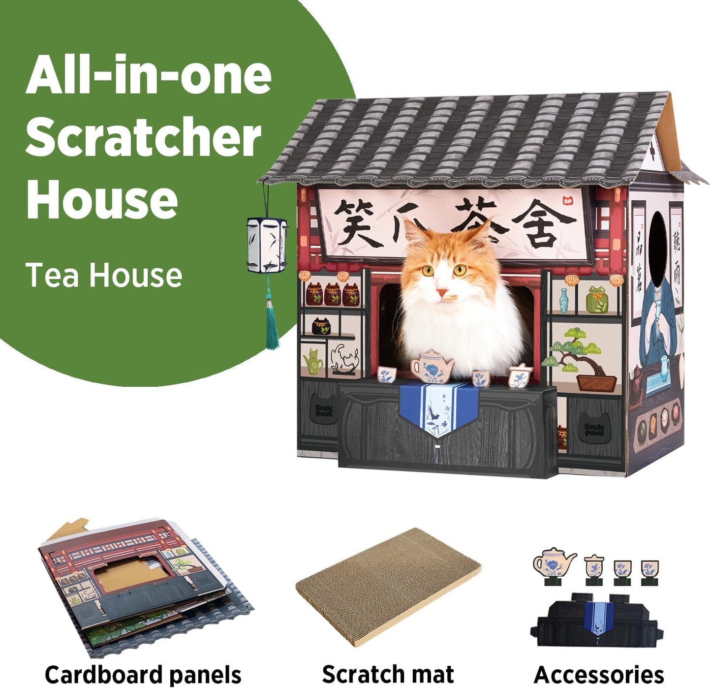 Cat Beds for Indoor Cats, Cardboard House with Scratchers, Tea House, Large Sturdy Cat Furniture Condo Cave Tent, Easy to Assemble Pet Toys Accessories Stuffs, Bunny Small Animals