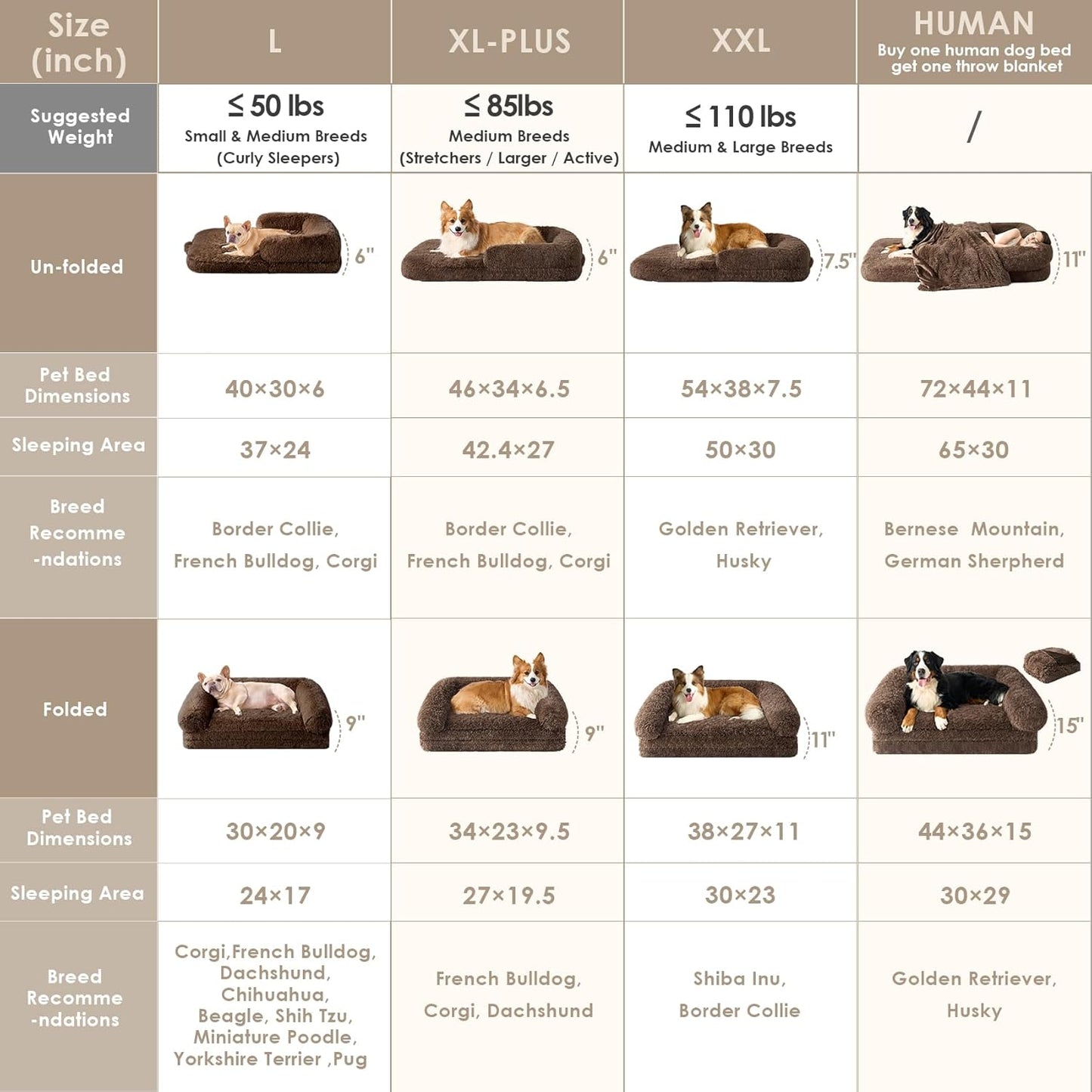 EHEYCIGA Foldable XL Dog Bed, Faux Fur Fluffy Pet Couch Bed for Large Dogs, Orthopedic Calming Memory Foam Big Pet Bed, Washable Soft Pet Sofa Bed with Non-Slip Bottom, Brown, 46"x34"x6.5"