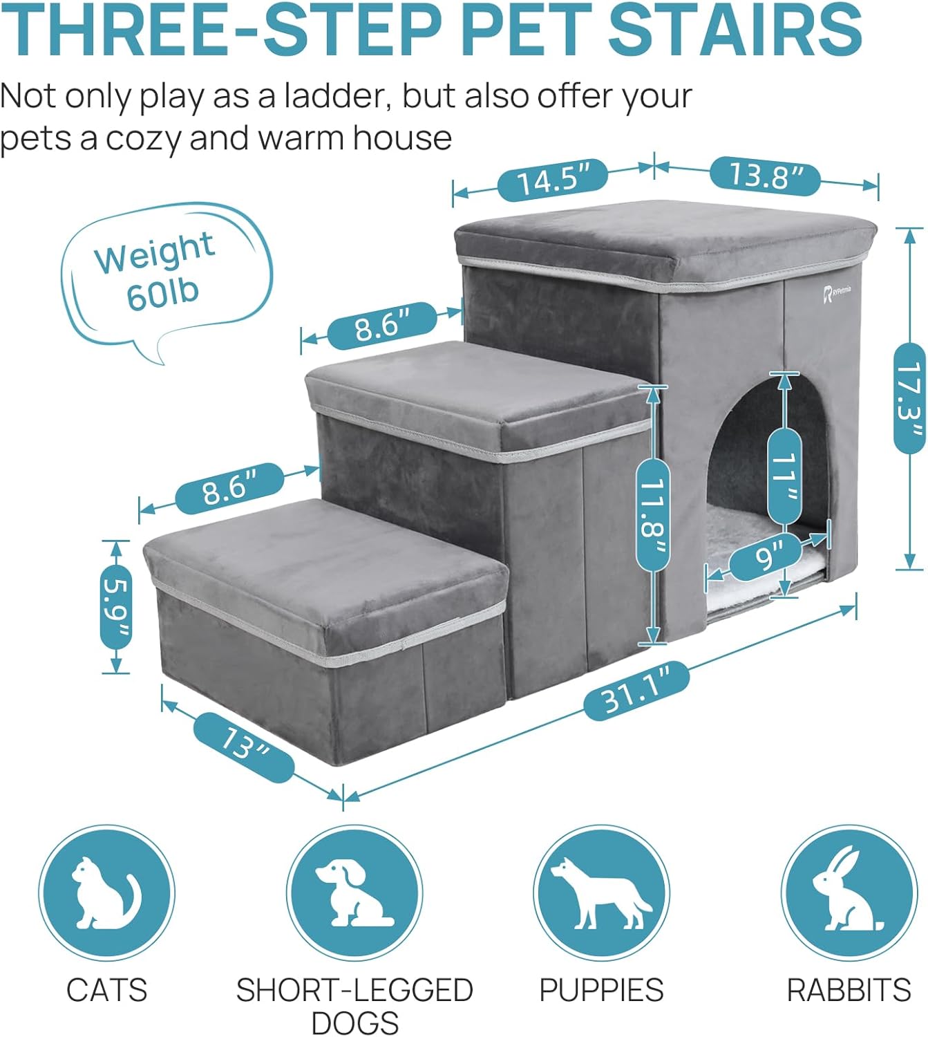 Foldable Pet Stairs for Beds & Sofas - Non-Slip Dog Steps with Storage for Small to Medium Dogs & Cats, Supports up to 120 lbs - Durable 2 & 3-Step Doggie Ladder for Easy Access